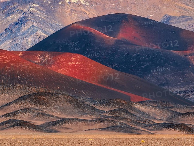 Jote Volcano, red and black volcanic rocks caused by lava composition and oxidation, Antofagasta de la Sierra, La Puna, Catamarca Province, Argentina, South America