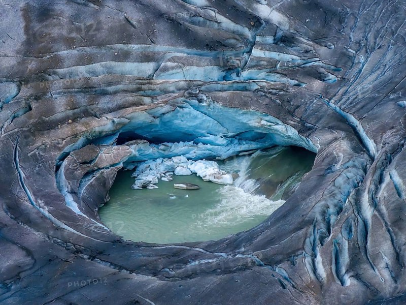 Rhone Glacier, Hole formed by ice collapse, Climate Change, Aerial view, Furka Pass, Oberwald, Goms Valley, Valais, Swiss Alps, Switzerland