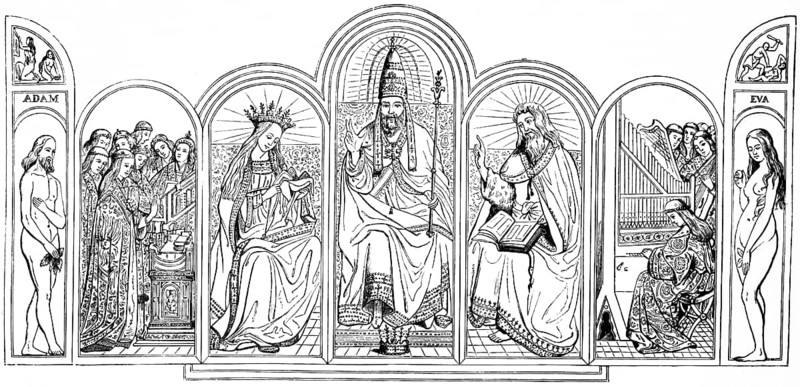 Top row of the Ghent Altarpiece, in Sint Bavo, St. Bavo Cathedral, artist Jan van Eyck, Flemish painter, depiction of the Apocalypse, Revelation of John, Prophet, Sibyl of Erythray, Sibyl of Cumae, Adam and Eve, winged altar, Ghent, Belgium, art history, historical illustration 1869