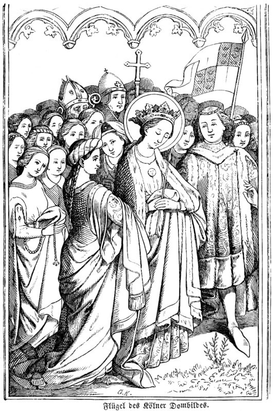 Left wing of Cologne Cathedral painting, Saint Ursula with eleven virgins, winged altar, painting, Marienkapelle, Cologne Cathedral, Cologne, Germany, art history, historical illustration 1869