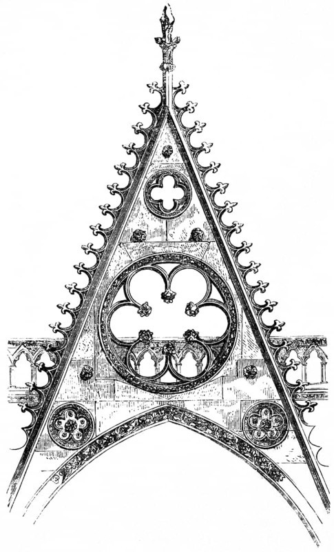 Wimperg, decorative gable from the south portal of the Notre Dame façade, gable-like crowning over portals and windows, Gothic architecture, art history, UNESCO World Heritage Site, Paris, France, historical illustration 1869