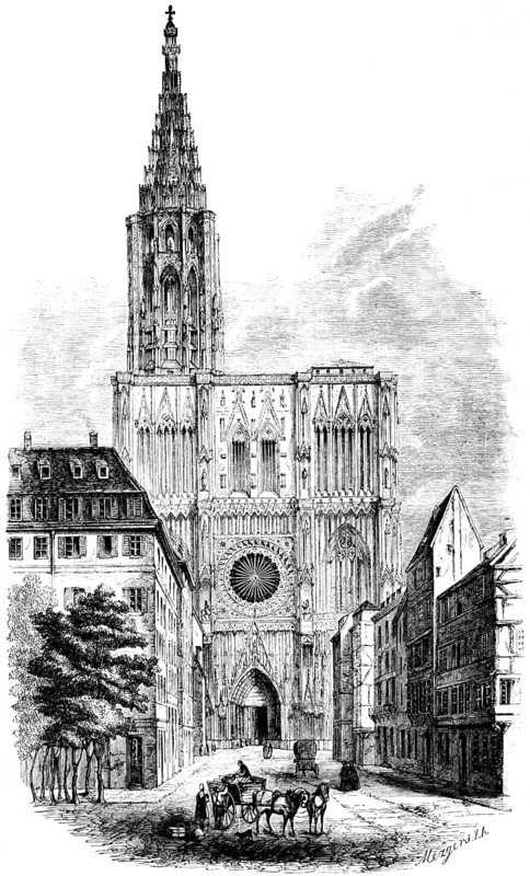 Façade of Cathédrale Notre-Dame de Strasbourg, Cathedral of Our Lady in Strasbourg, Roman Catholic religious building, architecture, asymmetrical building, north tower, sandstone building, UNESCO World Heritage Site, Alsace, France, Christianity, art history, historical illustration 1869