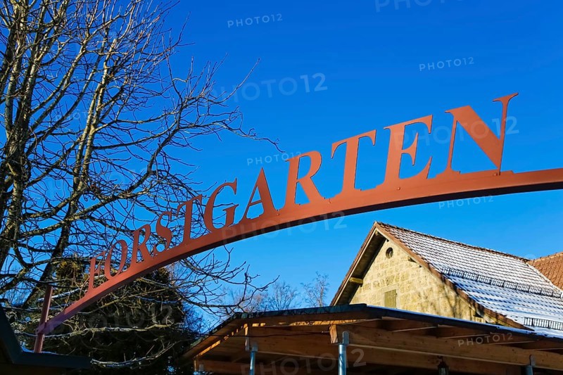Forstgarten logo, restaurant Altes Forsthaus near Lichtenstein Castle, restaurant, font, Honau, municipality of Lichtenstein, Swabian Alb, Baden-Württemberg, Germany