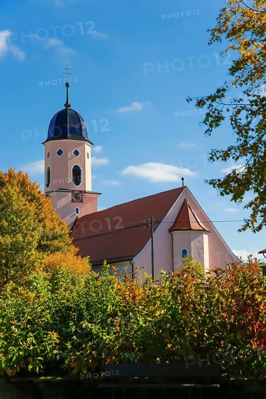 Roman Catholic parish church of St. Martin, baroque hall church from 1717—19, design by Franz Beer, religious building, church church, church tower, bell dome, trees with autumn colors, colorful leaves, blue sky, clouds, high plateau above the Albtrauf, Großengstingen, municipality of Engstingen, district of Reutlingen, Swabian Alb, Baden-Württemberg, Germany