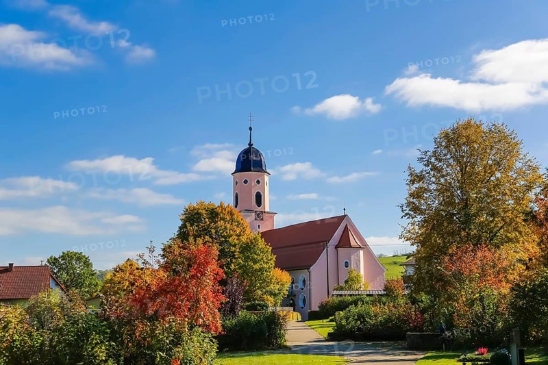 Roman Catholic parish church of St. Martin, baroque hall church from 1717—19, design by Franz Beer, religious building, church church, church tower, bell dome, trees with autumn colors, colorful leaves, blue sky, clouds, high plateau above the Albtrauf, Großengstingen, municipality of Engstingen, district of Reutlingen, Swabian Alb, Baden-Württemberg, Germany