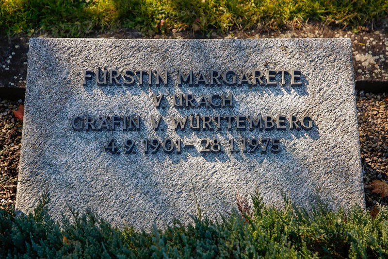 Tombstone of Princess Margarete von Urach, Countess of Württemberg, 1901 to 1975, cemetery, grave, memorial stone, writing, letters, Großengstingen, municipality of Engstingen, district of Reutlingen, Swabian Jura, Baden-Württemberg, Germany
