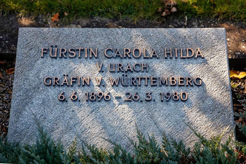 Tombstone of Princess Carola Hilda von Urach, Countess of Württemberg, 1896 to 1980, cemetery, grave, memorial stone, writing, letters, Großengstingen, municipality of Engstingen, district of Reutlingen, Swabian Jura, Baden-Württemberg, Germany