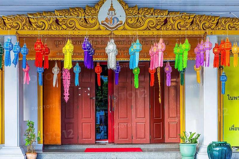 Decorated entrance to Wat Yannawa Buddhist temple decorated with colored lanterns, Bangkok, Thailand's metropolis, Thailand