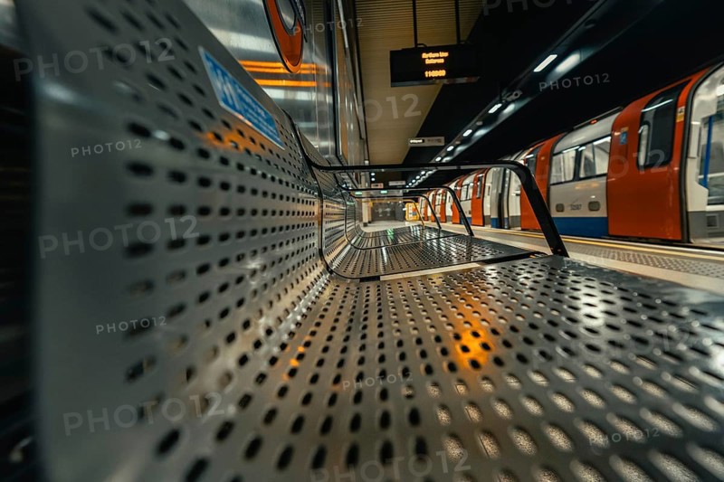 Perspective view of metal train station seats, with orange trains in the background, London, United Kingdom