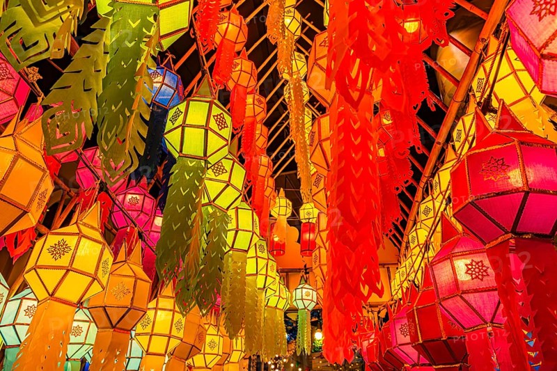 Illuminated, colorful lanterns as decoration in Iconsiam shopping center, Bangkok, Thailand's metropolis, Thailand