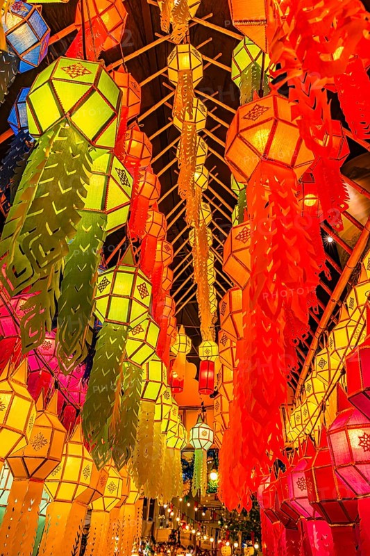 Illuminated, colorful lanterns as decoration in Iconsiam shopping center, Bangkok, Thailand's metropolis, Thailand