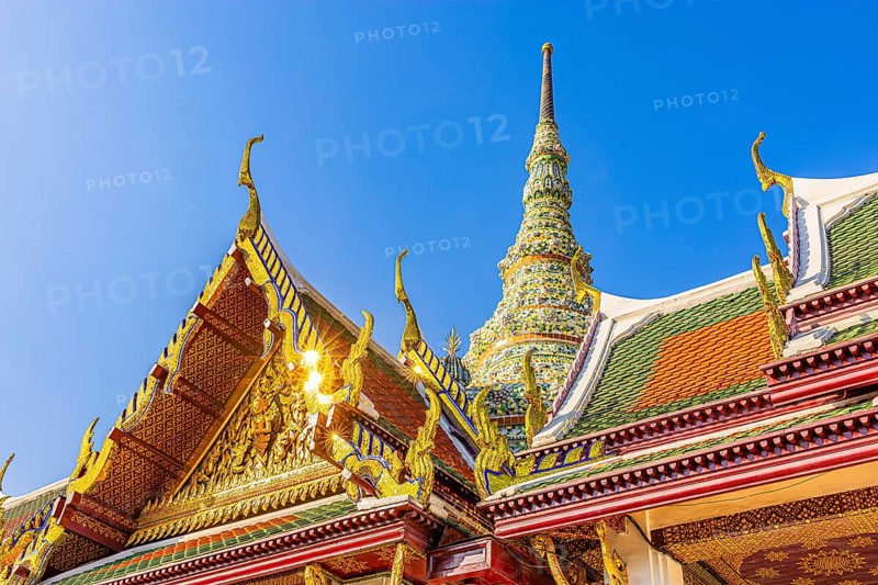 The Grand Royal Palace, Wat Phra Kaeo Buddhist Temple, overlapping roofs with curved chofas, Chedi Temple Tower, Phra Nakhon, Bangkok, Thailand's metropolis, Thailand