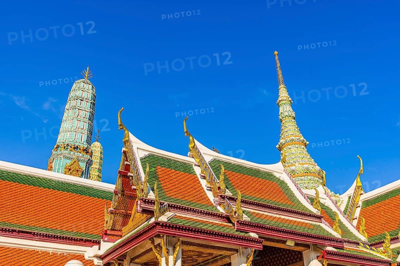 The Grand Royal Palace, Wat Phra Kaeo Buddhist Temple, overlapping roofs with curved chofas, Chedi Temple Tower, in the back the Royal Pantheon, Prasad Phra Thepbidon, Phra Nakhon, Bangkok, Thailand's metropolis, Thailand