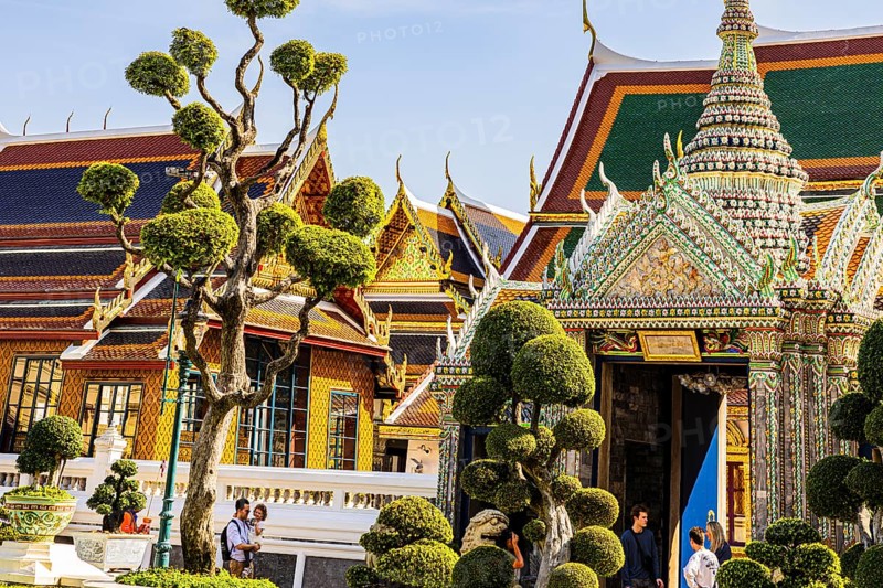 The Grand Royal Palace, trees with spherical branches, Dusida Bhirom Hall in the back, Phra Nakhon, Bangkok, Thailand's metropolis, Thailand