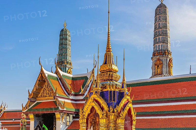 The Grand Royal Palace, Wat Phra Kaeo Buddhist Temple, the Royal Pantheon, Prasad Phra Thepbidon, buildings with overlapping roofs with curved chofas, Phra Nakhon, Bangkok, Thailand's metropolis, Thailand