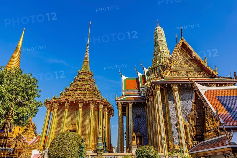 The Grand Royal Palace, Wat Phra Kaeo Buddhist Temple, the Royal Pantheon, Prasad Phra Thepbidon, overlapping roofs with curved chofas, Phra Nakhon, Bangkok, Thailand's metropolis, Thailand