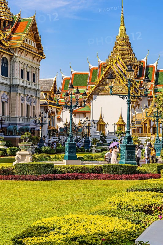 The Grand Royal Palace, Chakri Maha Prasad Throne Hall, with overlapping roofs and curved chofas, Phra Nakhon, Bangkok, Thailand's metropolis, Thailand