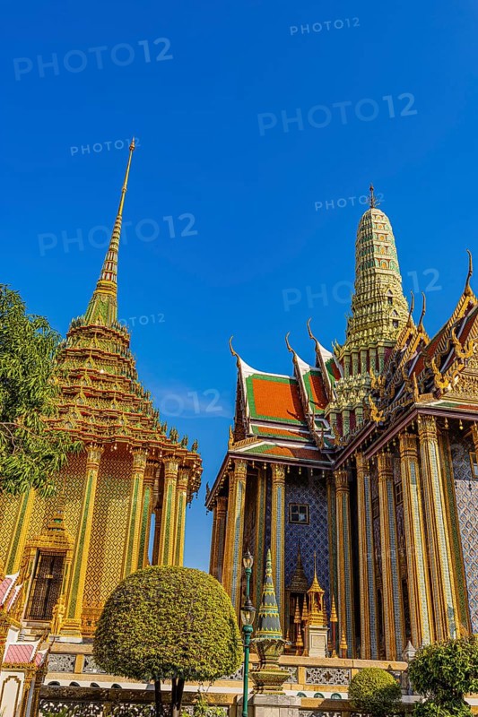 The Grand Royal Palace, Wat Phra Kaeo Buddhist Temple, the Royal Pantheon, Prasad Phra Thepbidon, buildings with overlapping roofs with curved chofas, Phra Nakhon, Bangkok, Thailand's metropolis, Thailand