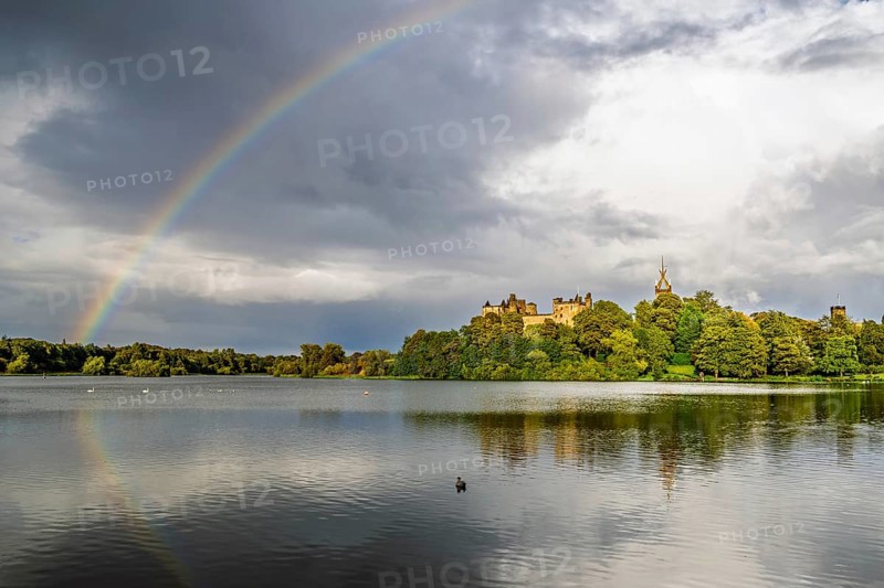 Rainbow over Linlithgow Palace, Linlithgow Loch, West Lothian, Scotland, United Kingdom
