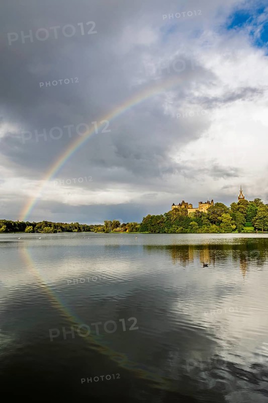 Rainbow over Linlithgow Palace, Linlithgow Loch, West Lothian, Scotland, United Kingdom