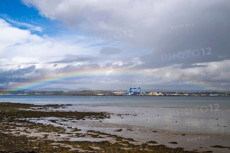 Rainbow over Forth Estuary, Forth Bridge, Queensferry Crossing, Scotland, UK