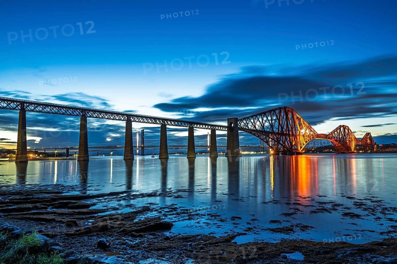NIGHT over Forth Bridge, Queensferry Crossing, Forth Estuary, Scotland, UK