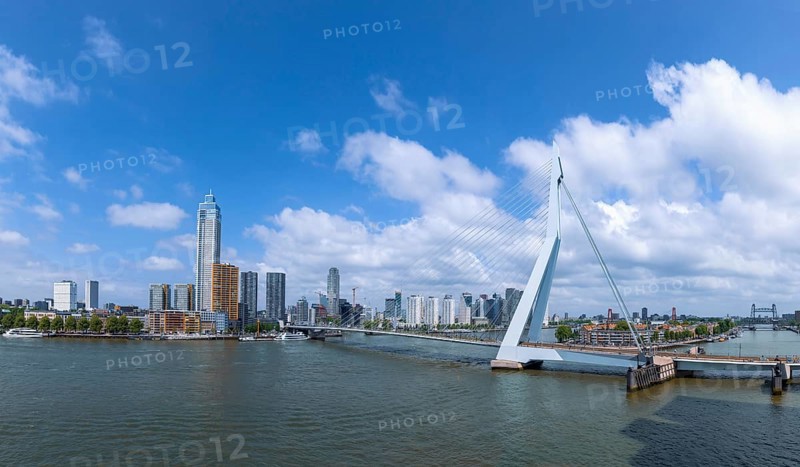 Panoramic view of Erasmus Erasmusbrug bridge in Rotterdam. Financial business district skyline