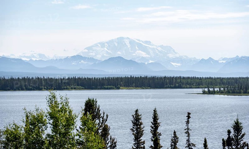 Lake Willow Lake, taiga landscape with high glaciated mountain peak Mount Blackburn, Wrangell Mountains, Alaska, USA