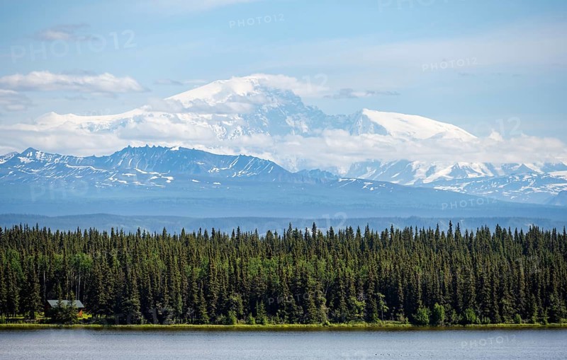 Lake Willow Lake, taiga landscape with high glaciated mountain peak Mount Sanford, Wrangell Mountains, Alaska, USA