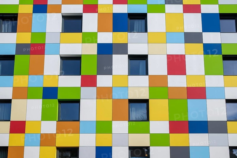 A brightly panelled house façade on an apartment building, Tuttlingen, Tuttlingen district, Baden-Württemberg, Germany