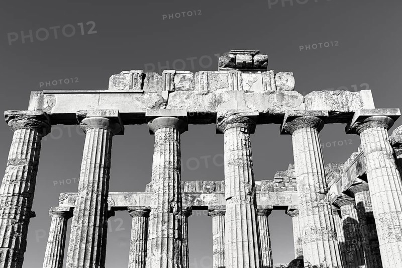 Temple E, Temple of Hera in the ancient Greek city of Selinunte, acropolis, Doric style, archaeological site, restoration, monochrome, Selinunte, Castelvetrano, Trapani, Sicily, Italy