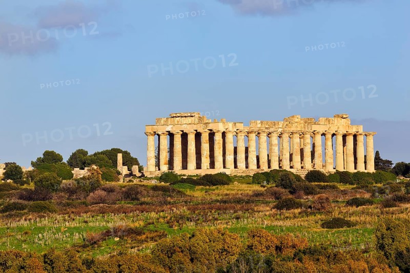 Temple E, Temple of Hera in the ancient Greek city of Selinunte, acropolis, Doric style, maquis, archaeological site, restoration, Selinunte, Castelvetrano, Trapani, Sicily, Italy