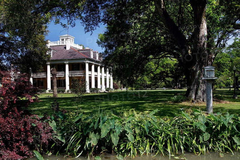 Mansion surrounded by lush greenery and tall trees in the garden, Darrow, Louisiana, USA