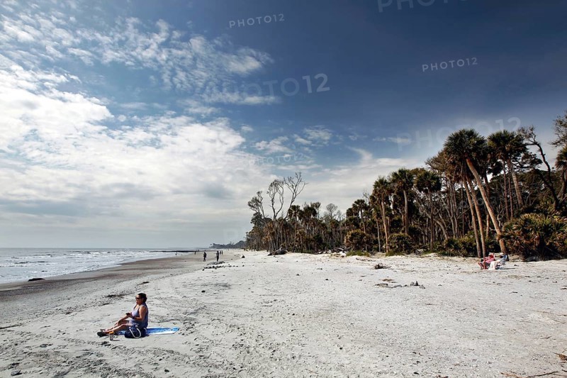White sandy beach with palm trees under a wide sky, quiet scene, Hunting Island, South Carolina, USA