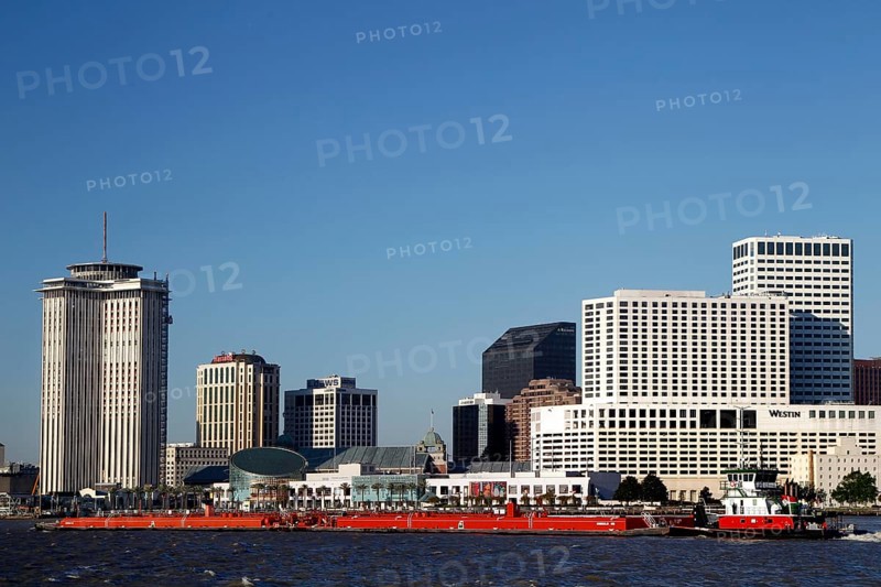 Panorama of New Orleans skyline with modern skyscrapers on the riverbank, New Orleans, Louisiana, USA