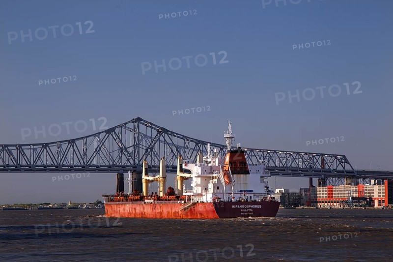 View of bridge and cargo ship in New Orleans Harbor, New Orleans, null, USA