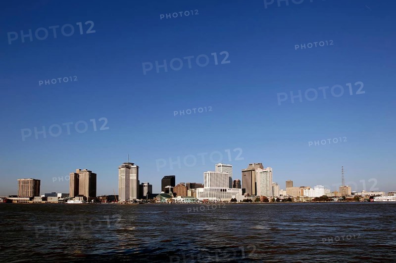 Wide view of New Orleans skyline with clear sky from afar, New Orleans, Louisiana, USA