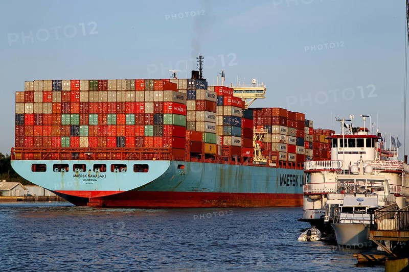 Large container ship on Savannah River, busy harbor area, Savannah, Georgia, USA