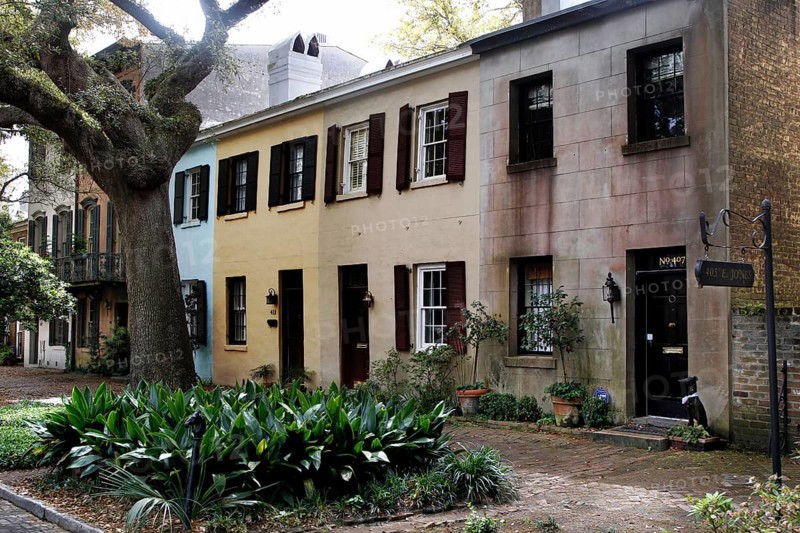 Rows of historic townhouses with diverse facades and rich greenery, Savannah, Georgia, USA