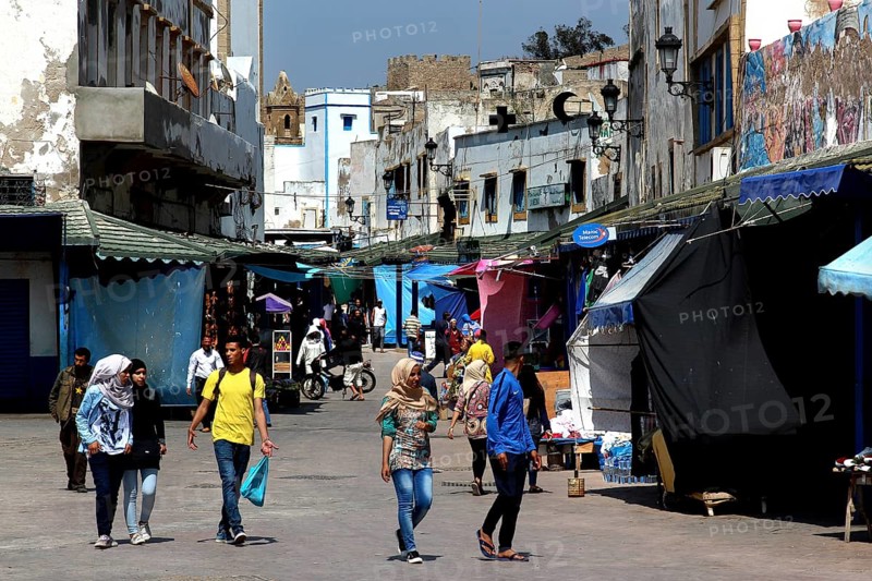 Bustling scene at a market with colorful stalls in the medina of Safi, Safi, Doukkala-Abda, Morocco
