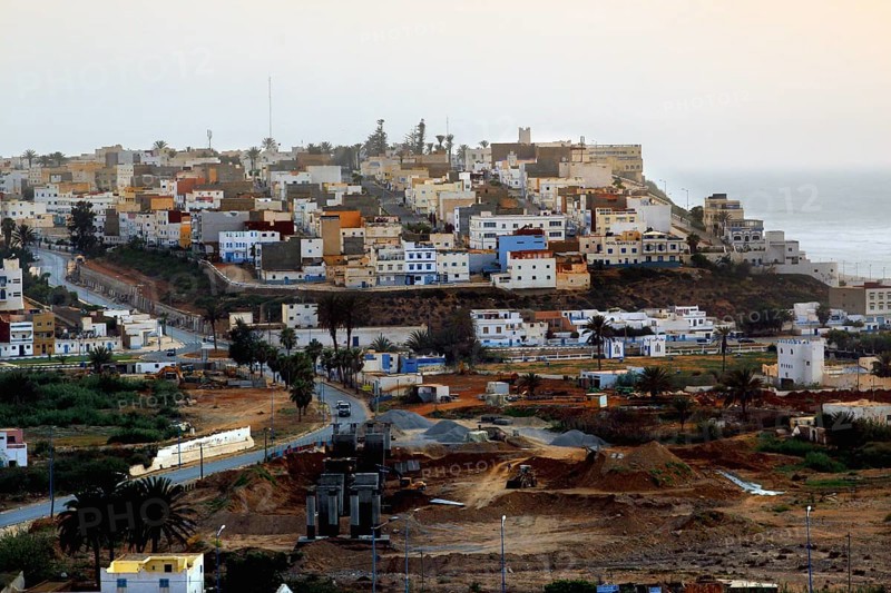 View of the city of Sidi Ifni with densely packed buildings on the coast, Sidi Ifni, Guelmim-Oued Noun region, Morocco
