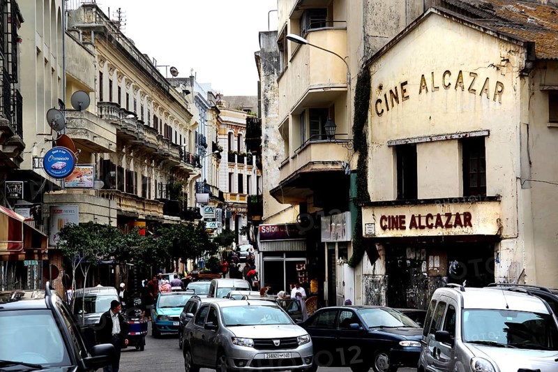 Bustling street scene in the Medina of Tangier with the Alcazar cinema, Tanger, null, Morocco