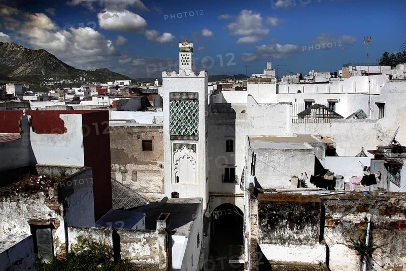 Historic city view of Tetouan with white buildings and minaret, Tetouan, Morocco