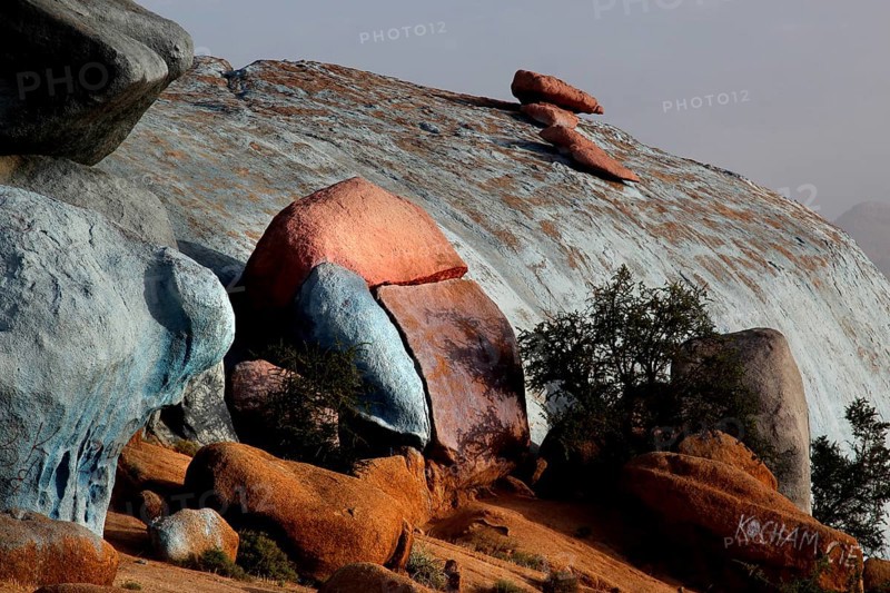Colored rocks in the dry landscape of Tafraoute, a work by Jean Verame, Tafraoute, Souss-Massa, Morocco
