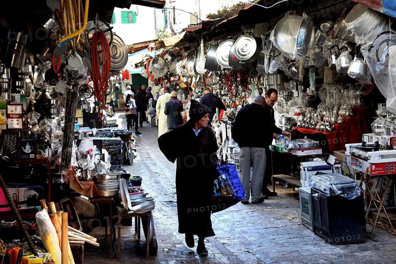 A souk area full of all kinds of metalware and hustle and bustle, Tetouan, Medina, Morocco