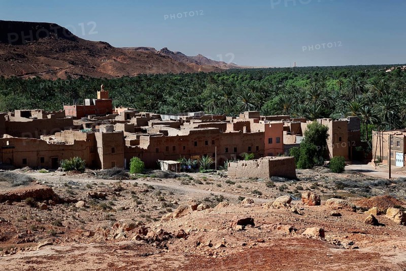 View of picturesque Tissirt in front of a green palm oasis, Tissirt, Niger, Morocco