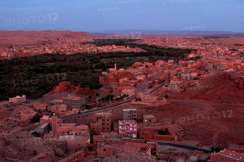 Panorama of Tinerhir at sunset with view of the city and valley, Tinerhir, Morocco