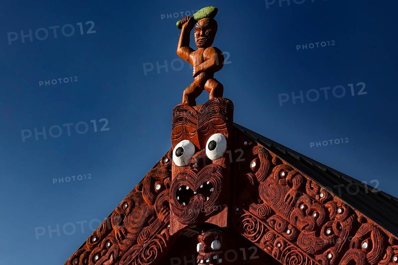 Detailed carved marae roof in Whakarewarewa village, showing traditional Maori architecture, Rotorua, North Island, New Zealand