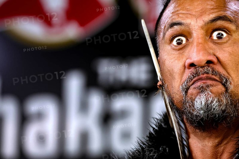 Close-up of a Maori man with intense expression during a cultural performance, Rotorua, Bay of Plenty, New Zealand