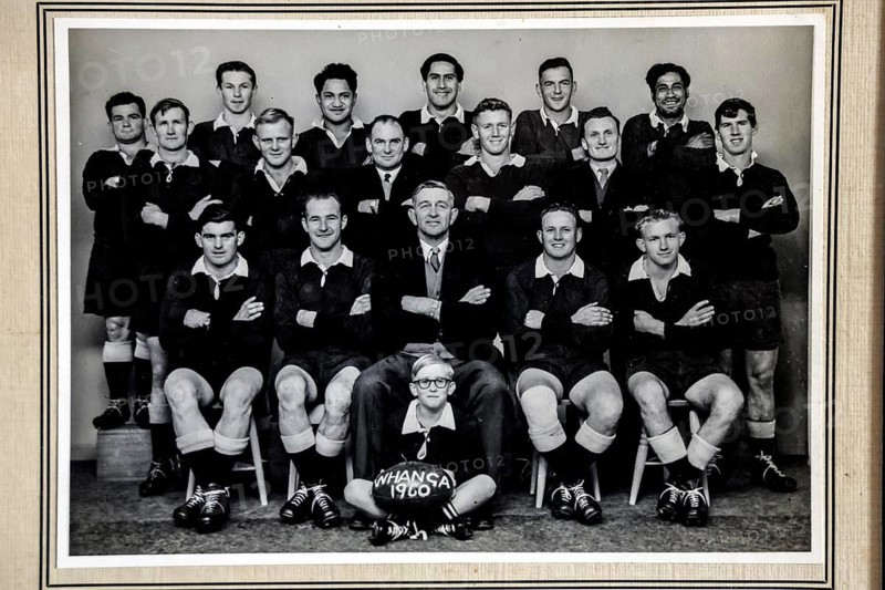 Historical black and white portrait of a rugby team in traditional clothing, Whangamomona, New Zealand